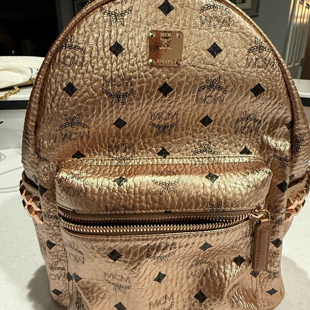 MCM Rose Gold Logo Backpack